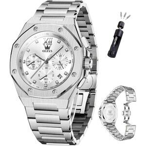Olevs Men's Sliver Stainless Steel Man Watch with Date Luminous Stylish Watch